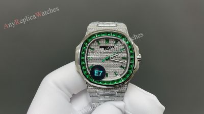 E7 Factory Patek Philippe Nautilus 9015 Movement 40mm Green Bezel Iced out Watch